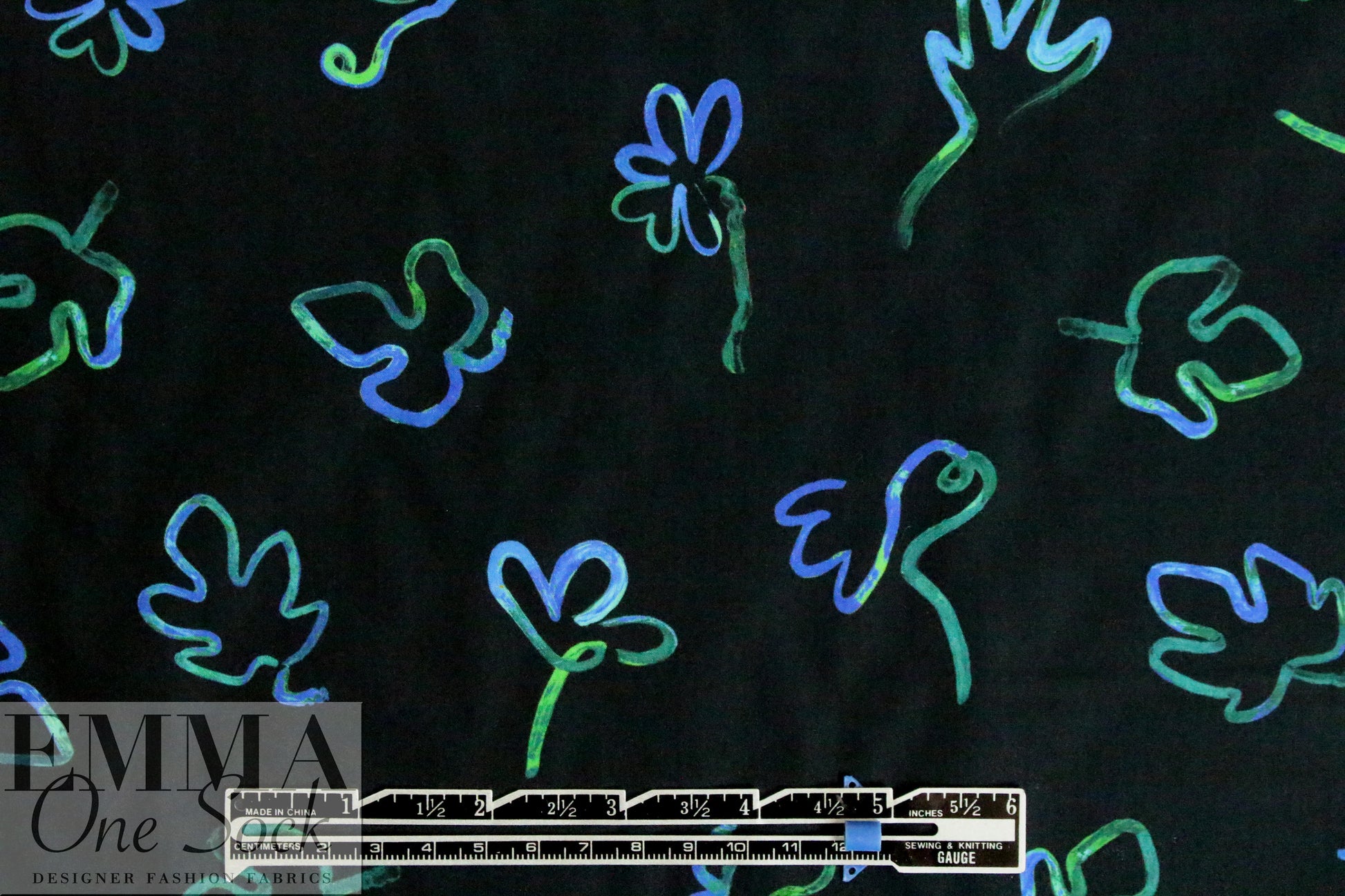 Pau1 Smith leafy squiggles on black cotton shirting