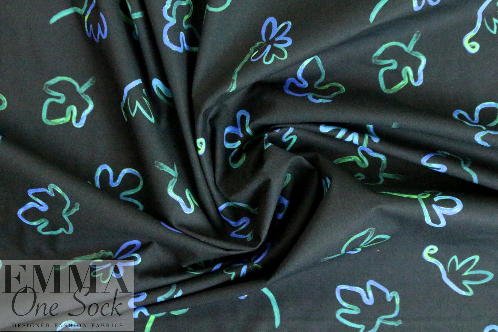 Pau1 Smith leafy squiggles on black cotton shirting .66 yds