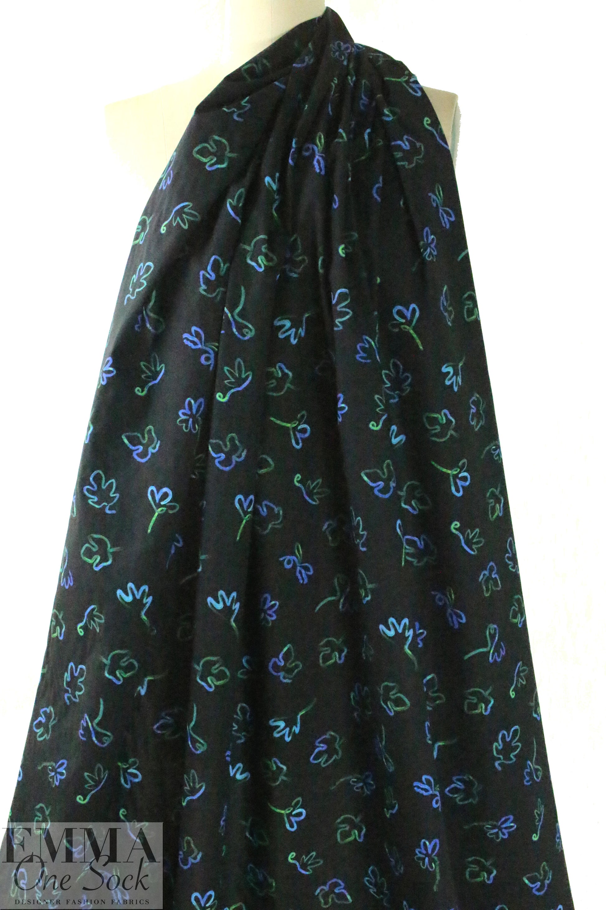 Pau1 Smith leafy squiggles on black cotton shirting .5 yds