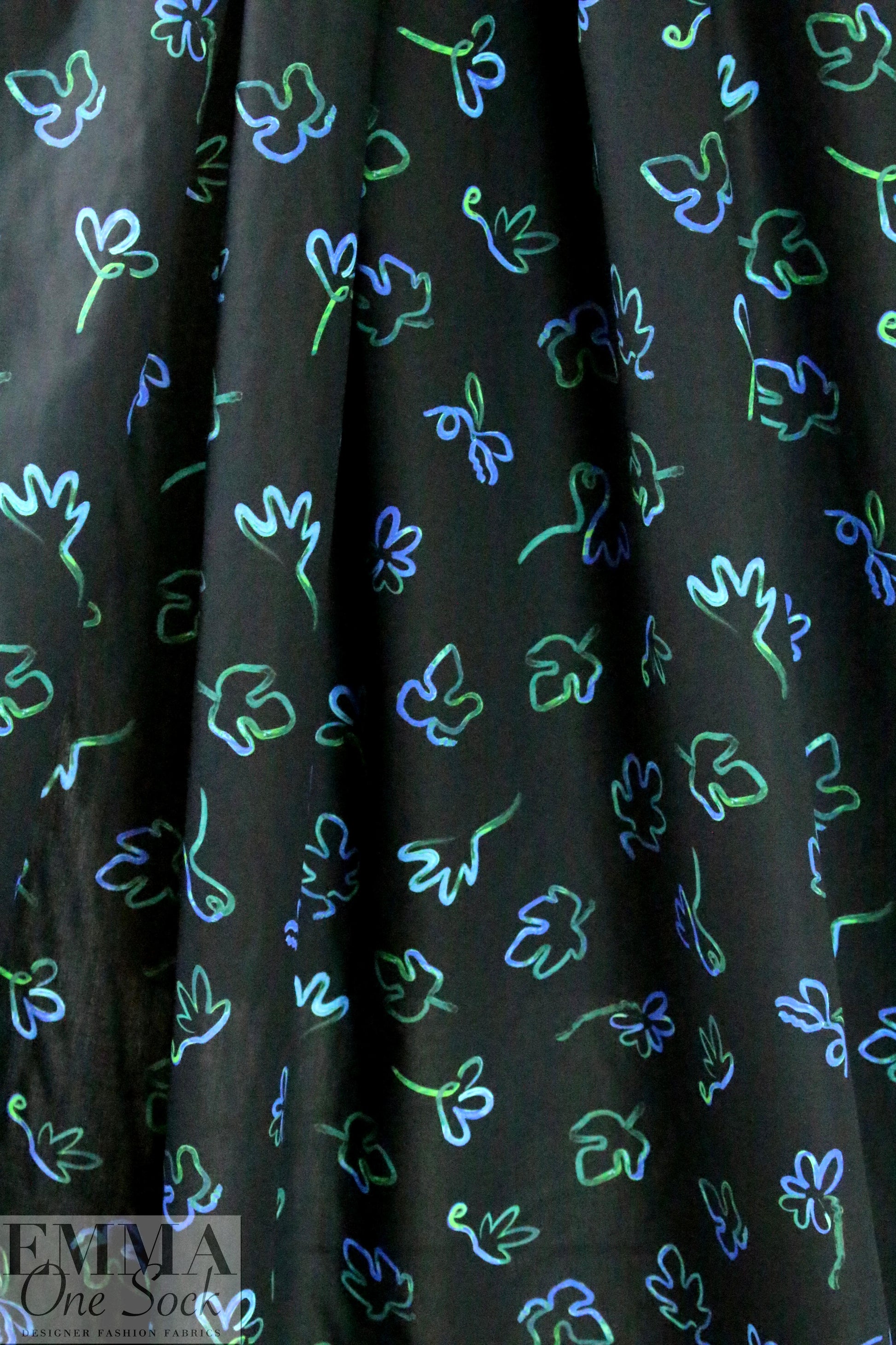 Pau1 Smith leafy squiggles on black cotton shirting