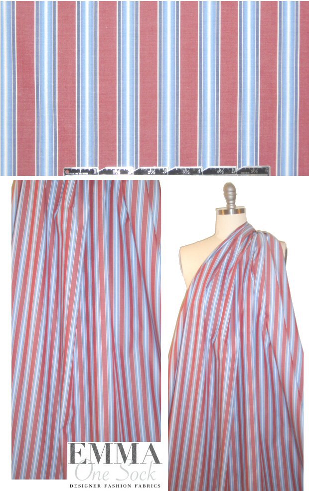 top quality damask stripe cotton shirting - blue/rouge 1.75 yd