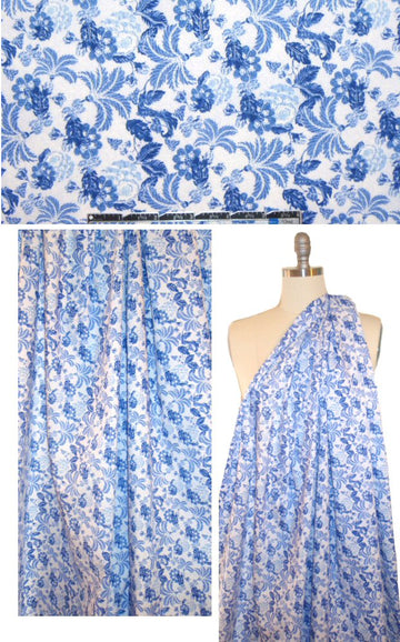 stylized flowers cotton/lycra shirting - blues