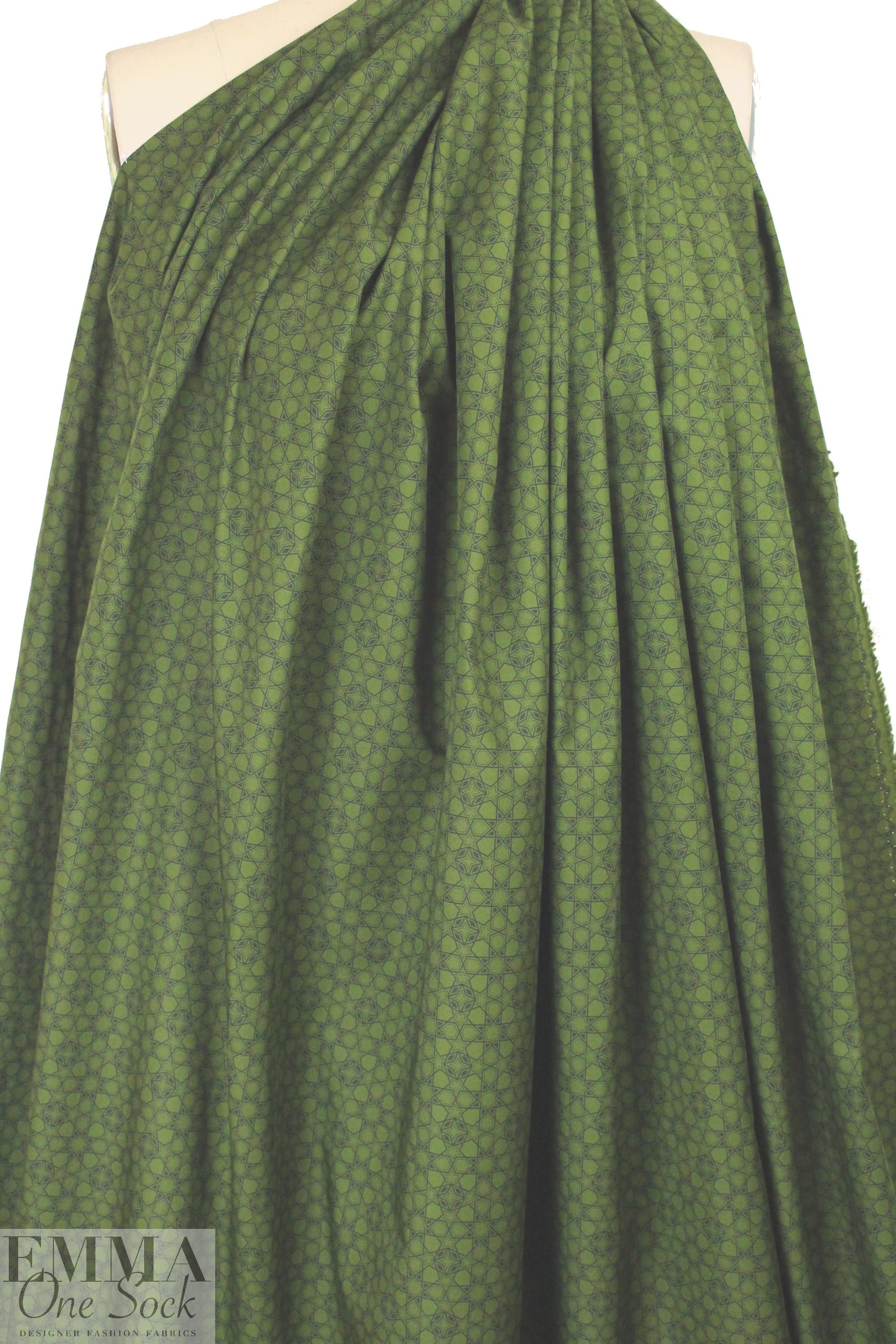 French navy motif on olive cotton shirting
