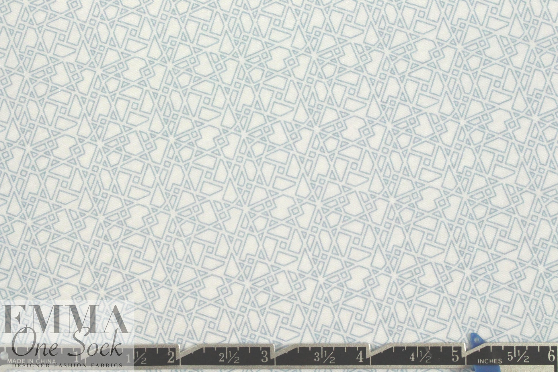 French pale blue motif on white cotton shirting