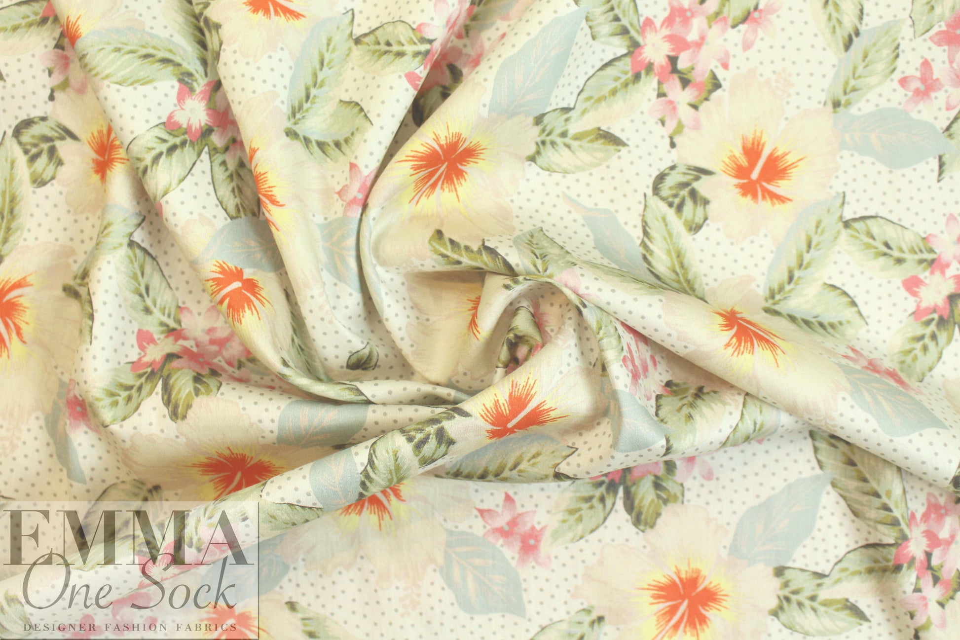 Italian fine cotton shirting - butter/sage floral with dots