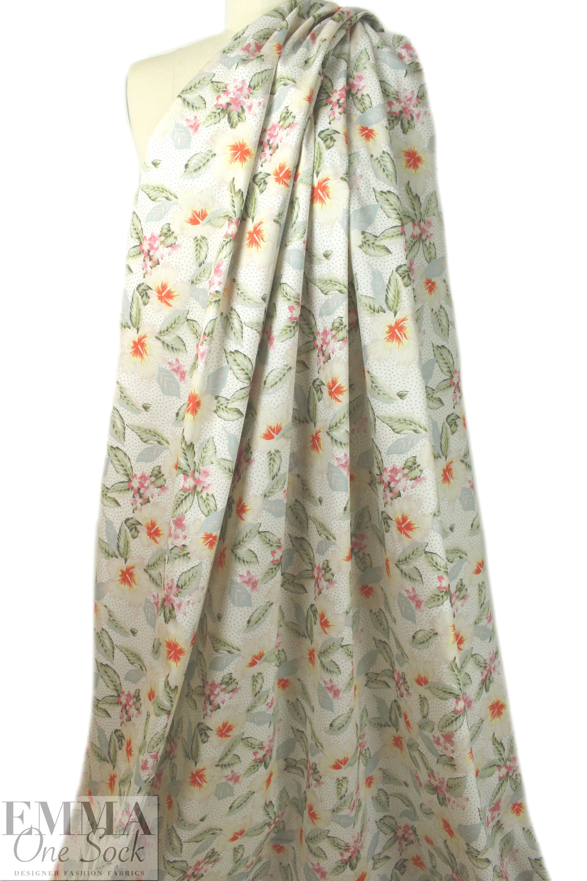 Italian fine cotton shirting - butter/sage floral with dots