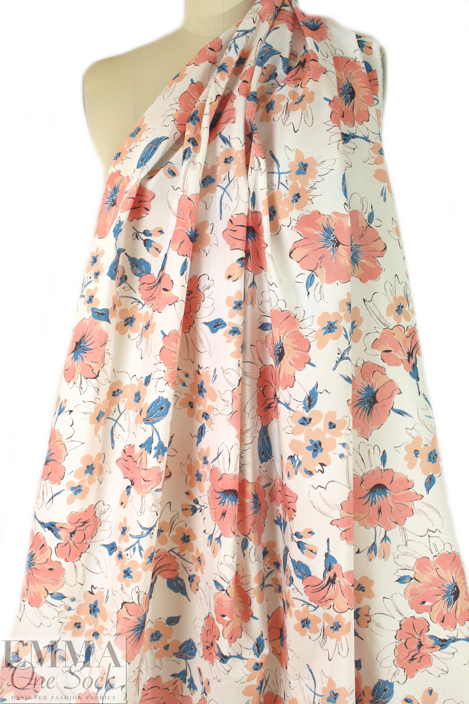 NY designer peach/blue floral cotton shirting 2.25 yds