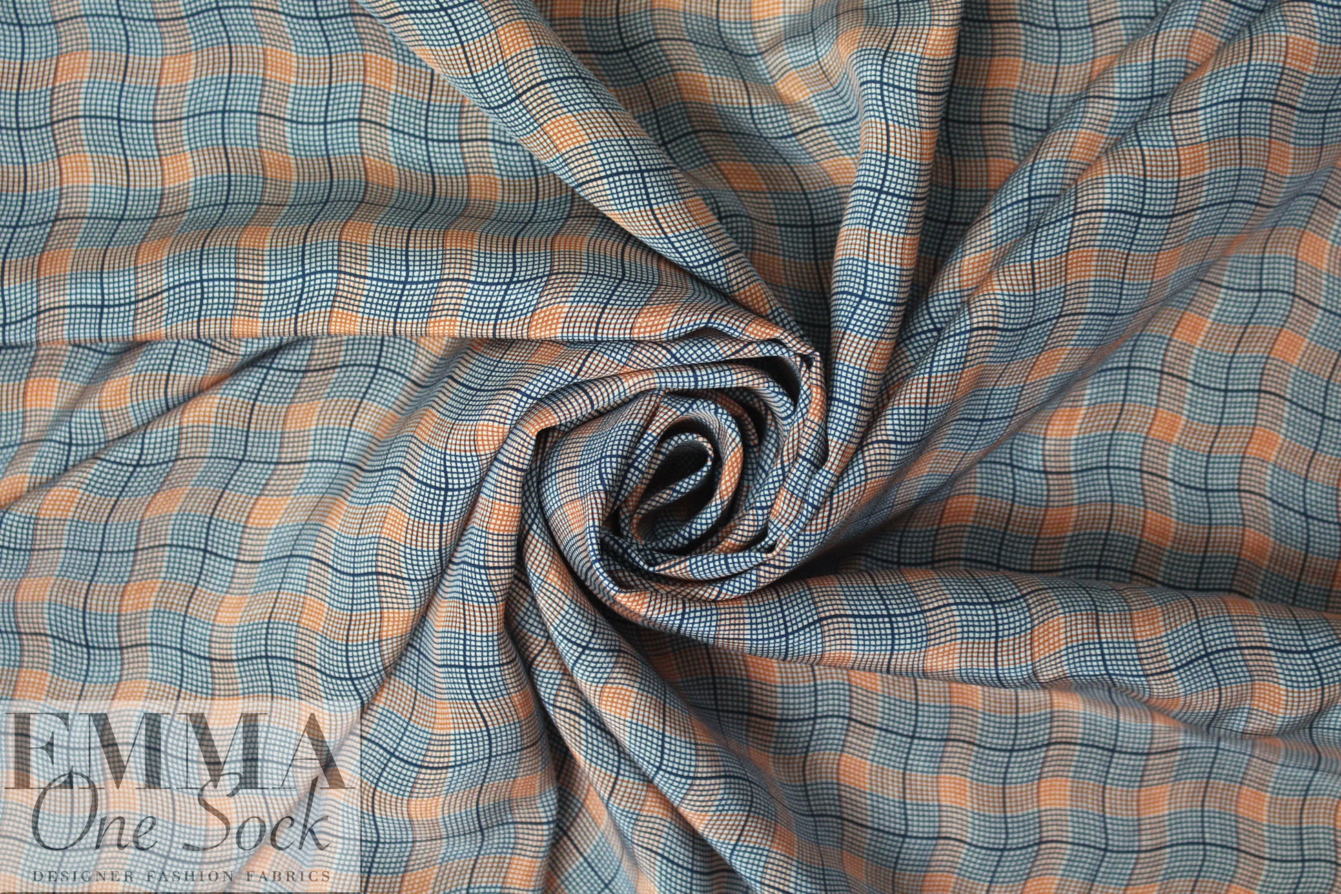 NY designer teal/tangerine wavy plaid silk CDC .75 yds