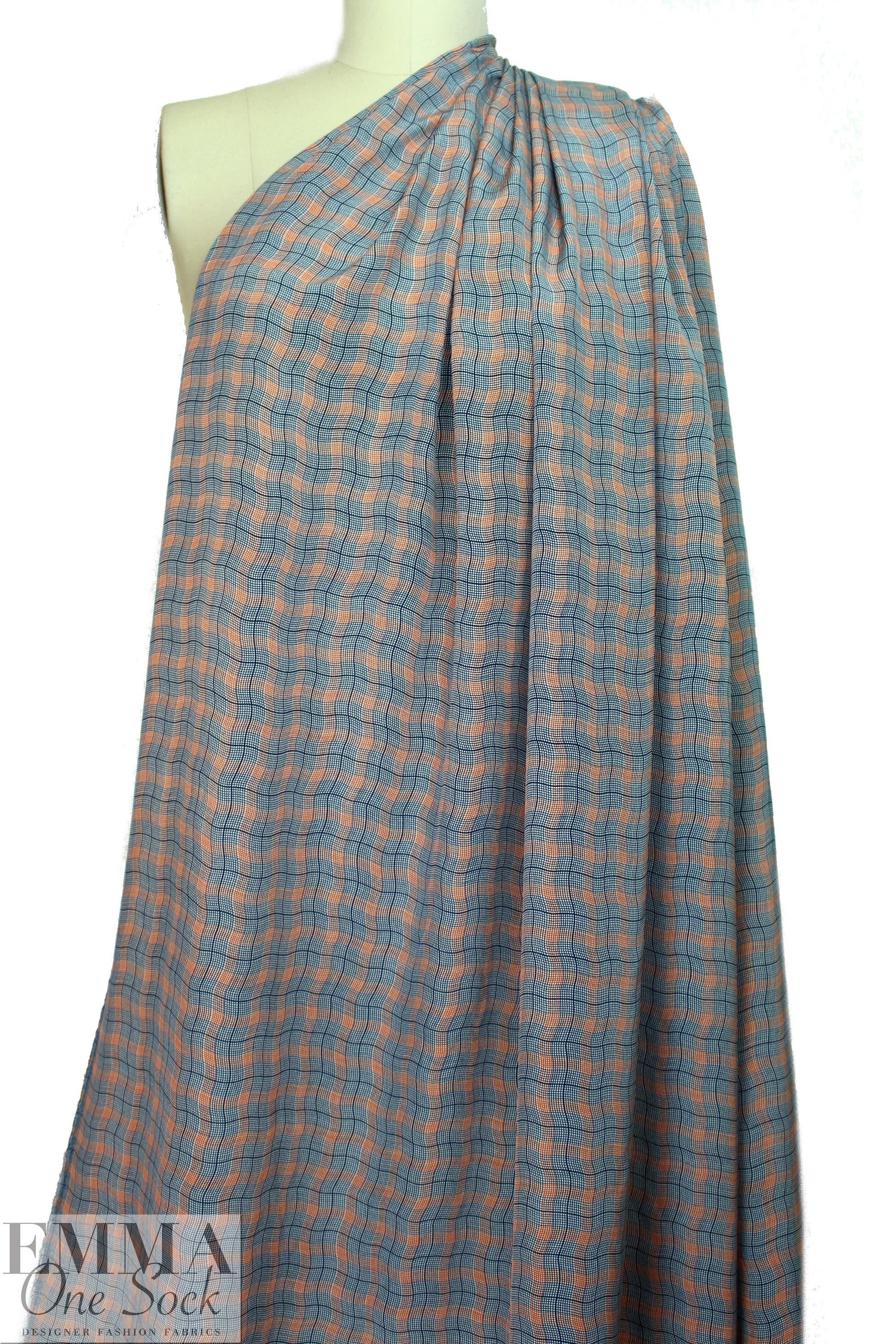 NY designer teal/tangerine wavy plaid silk CDC .75 yds