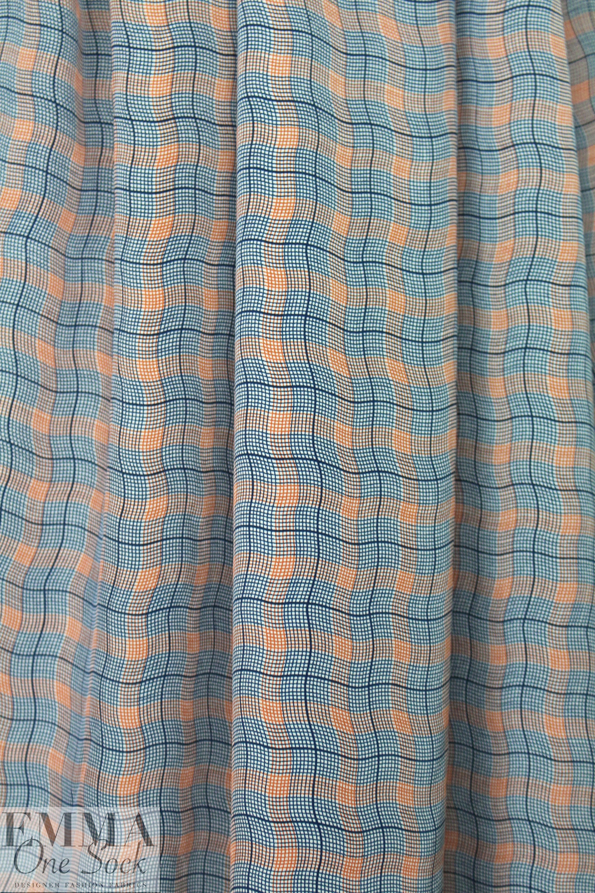 NY designer teal/tangerine wavy plaid silk CDC .75 yds