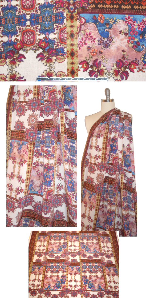 Italian bordered decorative motif silk woven - rose/denim