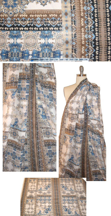 Italian bordered decorative motif silk woven - earth/blue 1.625 yd