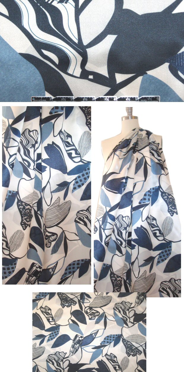 Italian denimy stylized floral silk charmeuse 1.66 yd