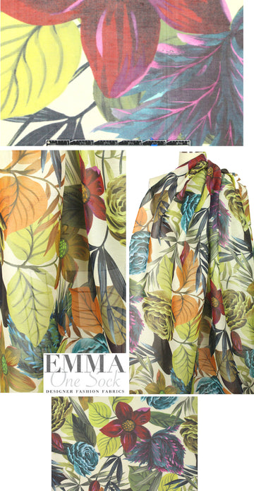 Italian sheer slub-textured silk voile - botanical art