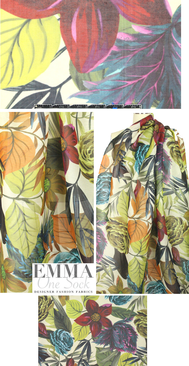 Italian sheer slub-textured silk voile - botanical art 1.66 yd