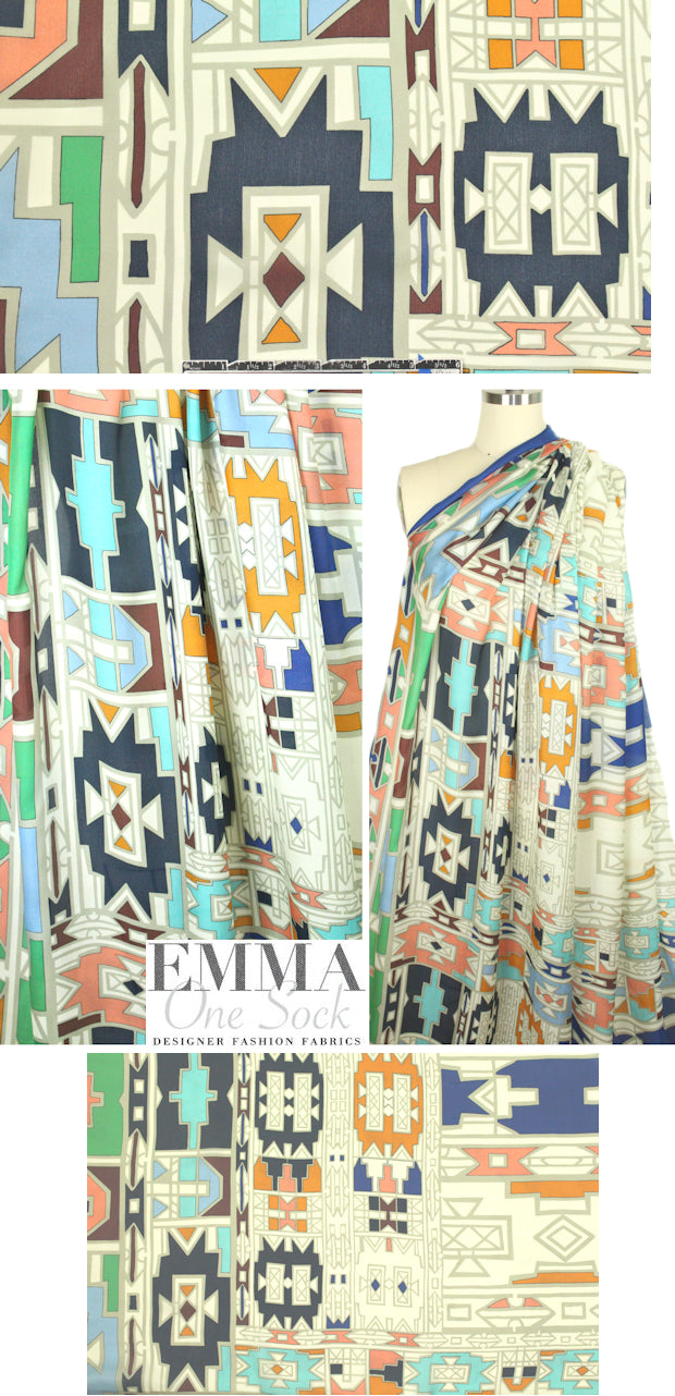 Italian aztec border print silk satin chiffon .75 yds