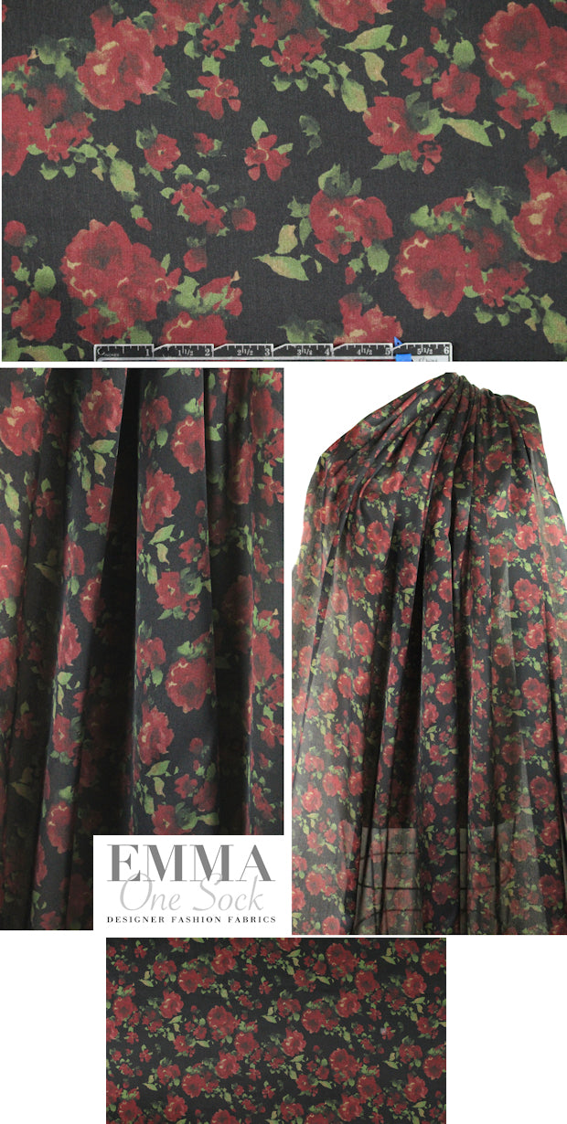 Italian deep red floral satin face chiffon 1.5 yd