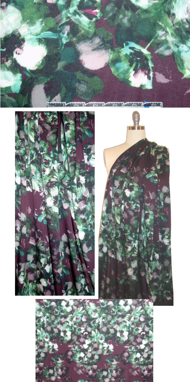 Italian plum/green floral cascade stretch silk chiffon