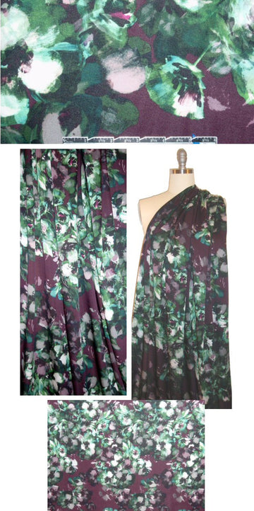 Italian plum/green floral cascade stretch silk chiffon 1.625 yd