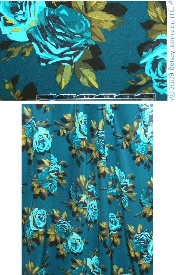 famous designer teal rose printed silk charmeuse 1.625 yds