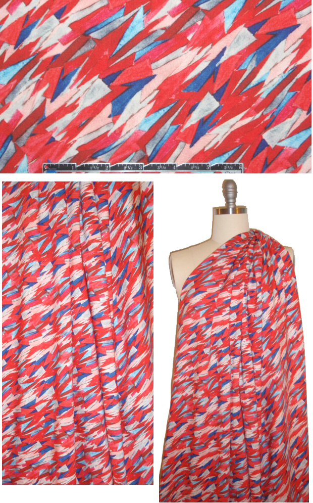 CA designer red/blue crystal abstract rayon twill 1.5 yd