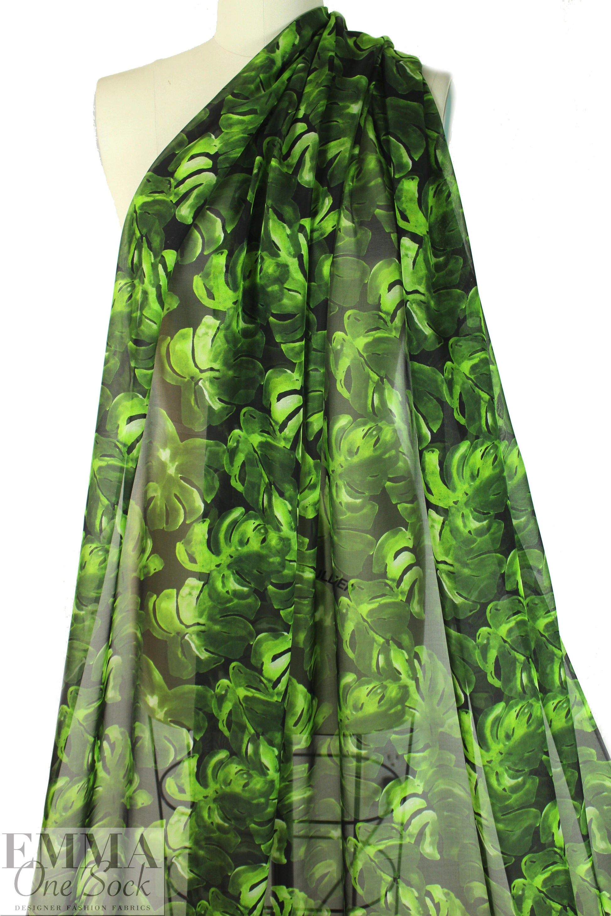 Caroline C0nstas monstera leaves on black silk chiffon 1.25 yds