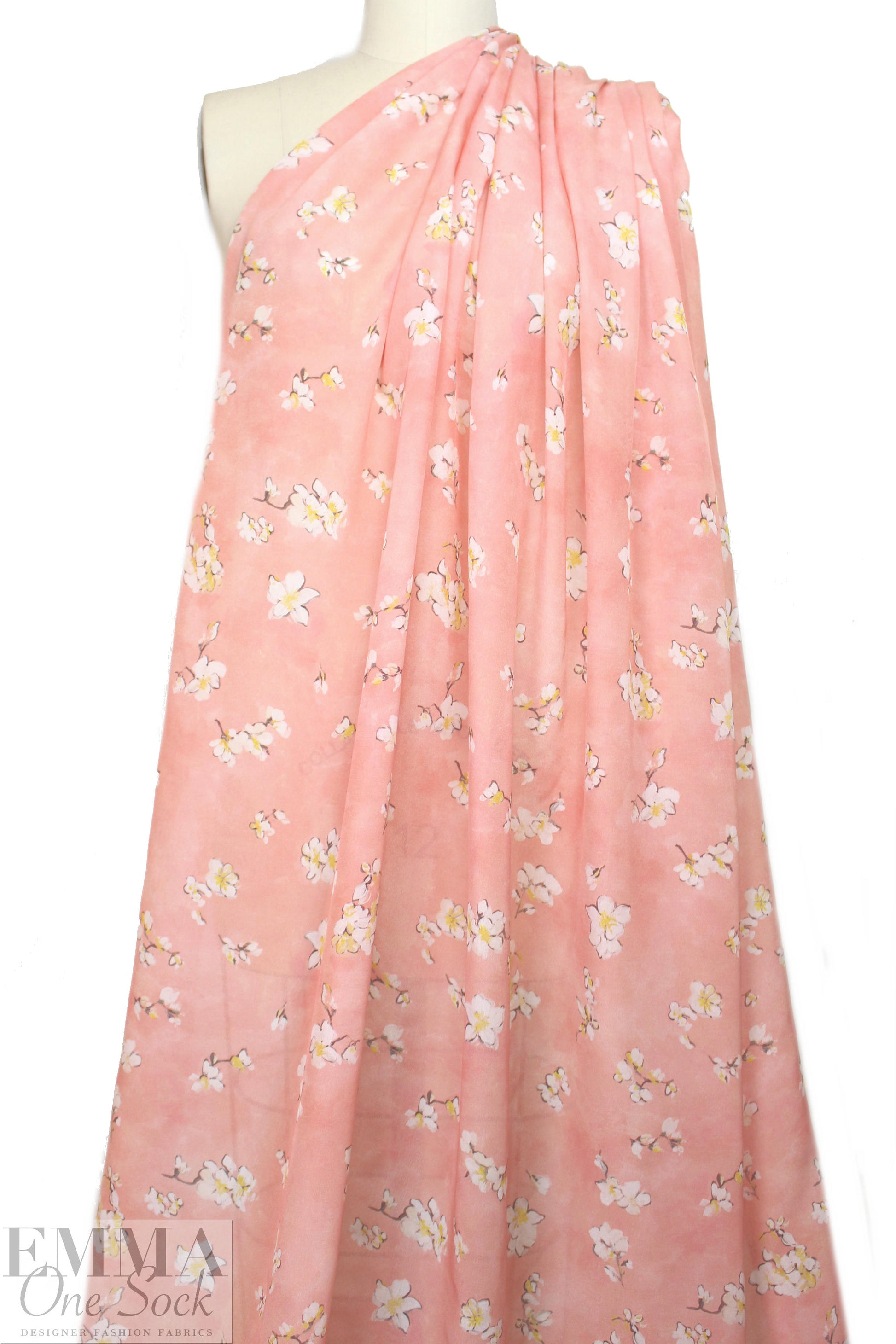 Caroline C0nstas peachy pink blossoms silk satin face chiffon 1.66 yd