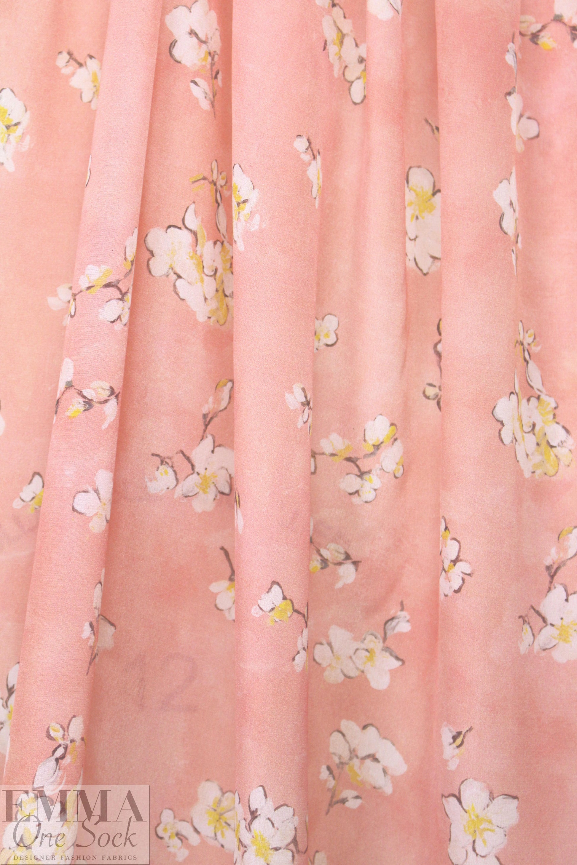 Caroline C0nstas peachy pink blossoms silk satin face chiffon 1.66 yd