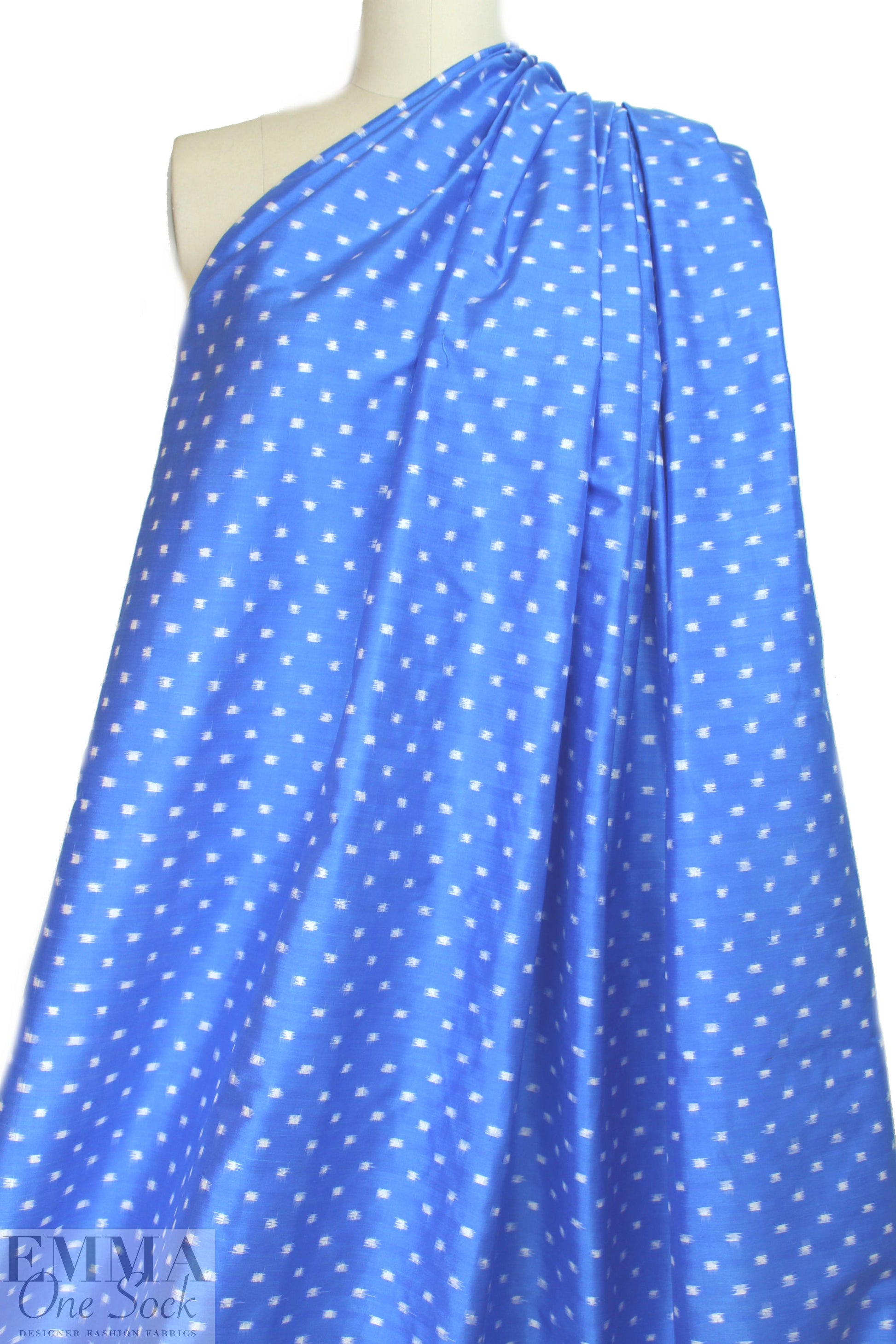 famous designer ikat silk jacquard - azure on white