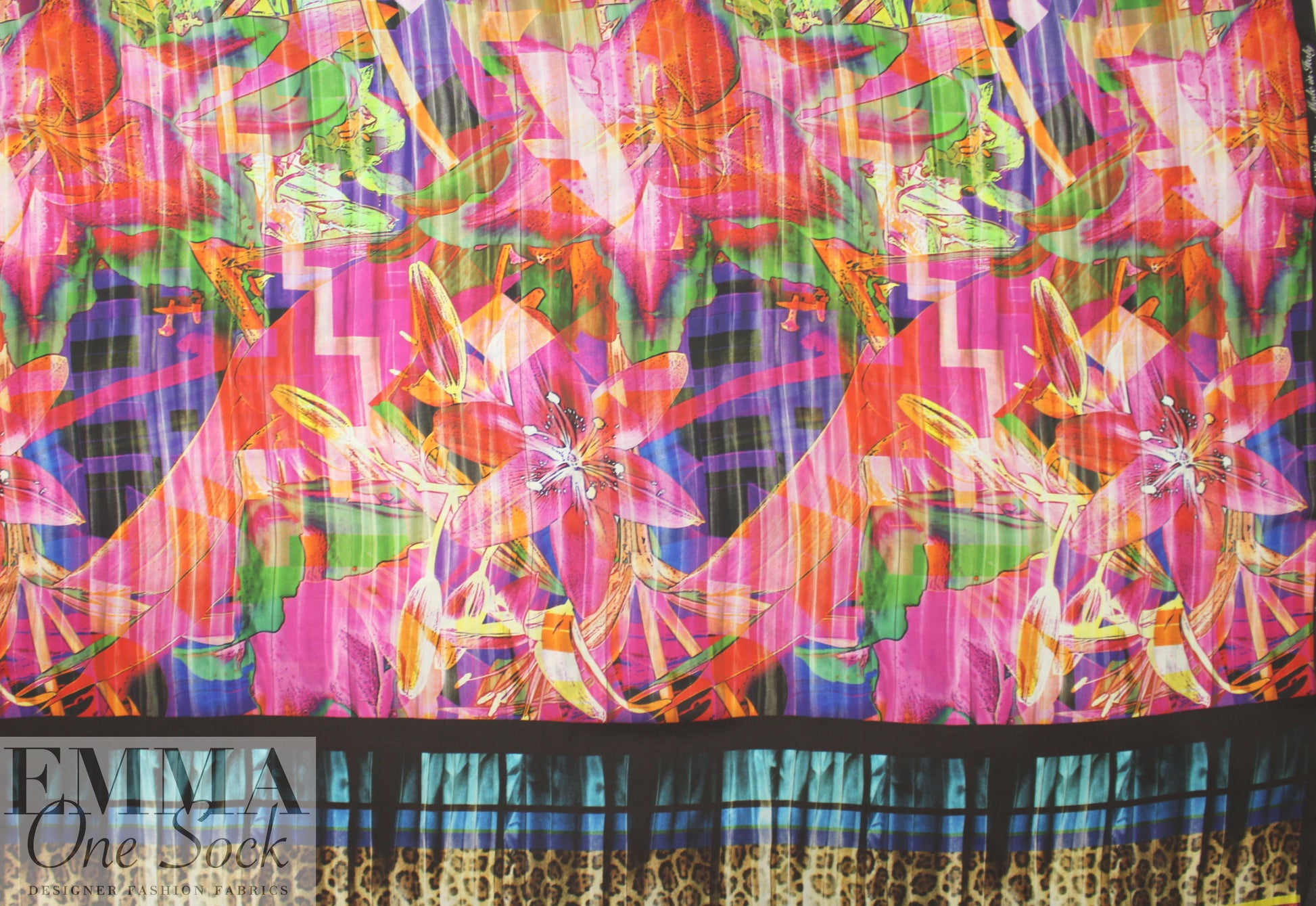 Italian dramatic lily/leopard panel silk chiffon