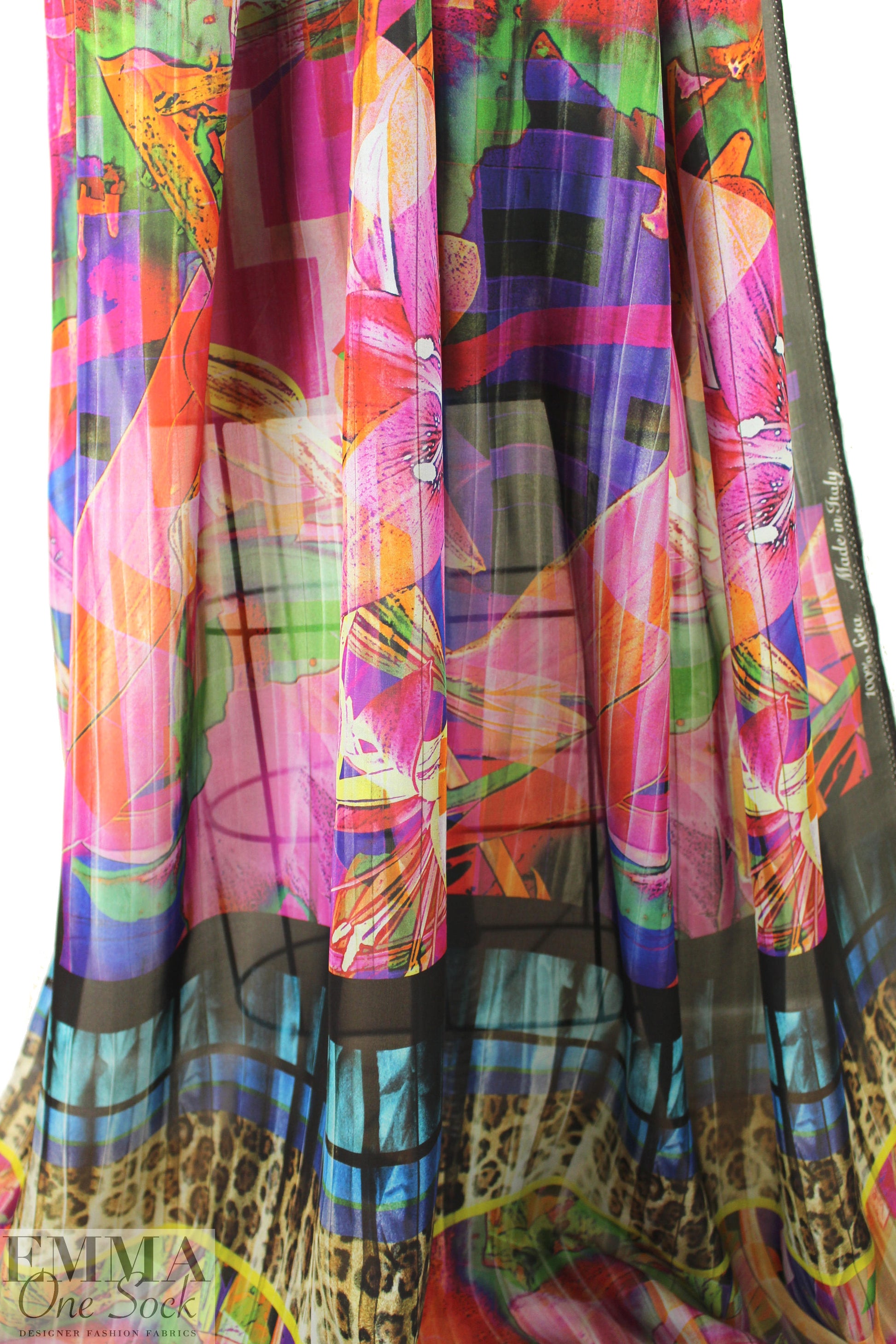 Italian dramatic lily/leopard panel silk chiffon