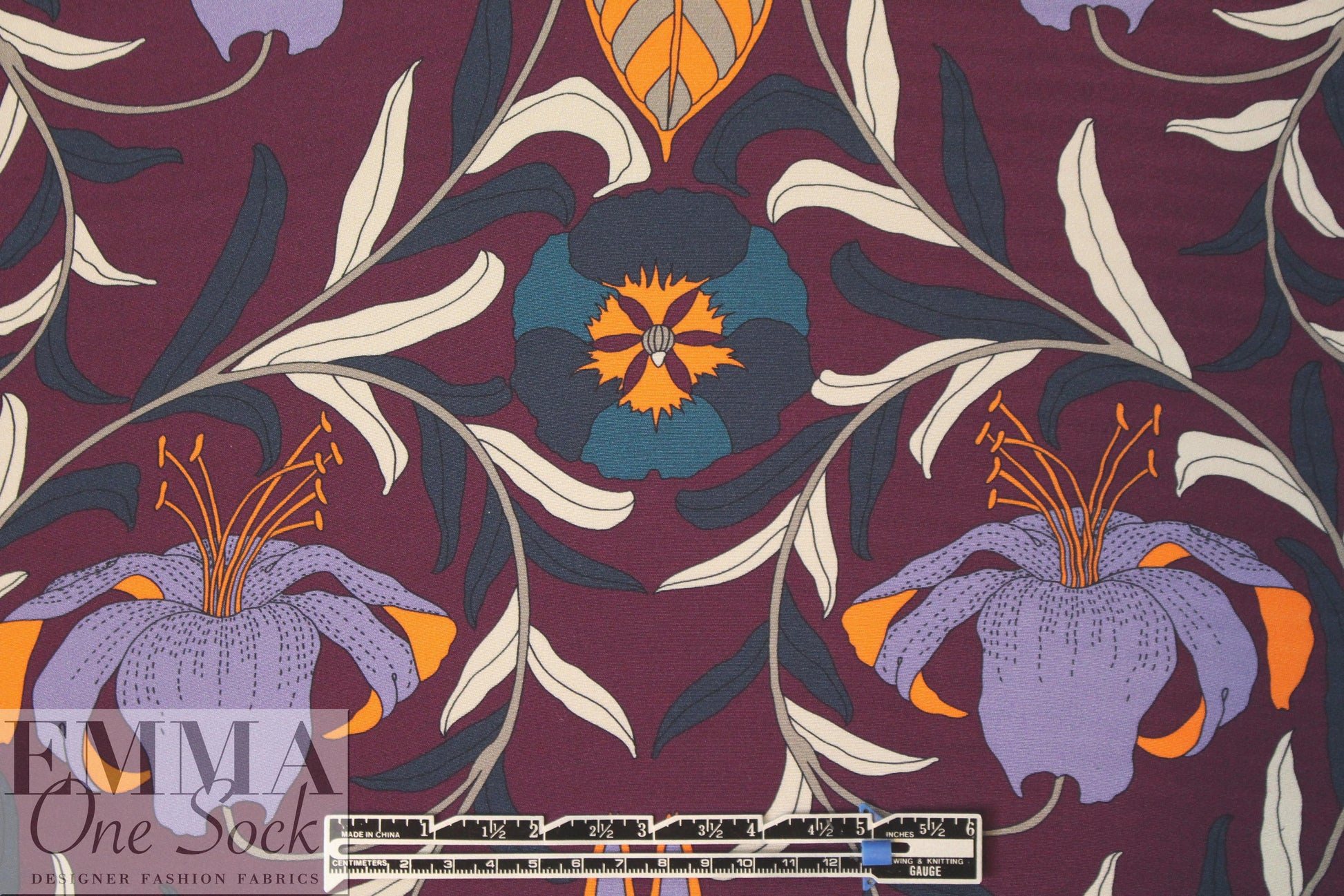 Italian plum/wisteria, orange floral print 4-ply silk