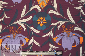 Italian plum/wisteria, orange floral print 4-ply silk