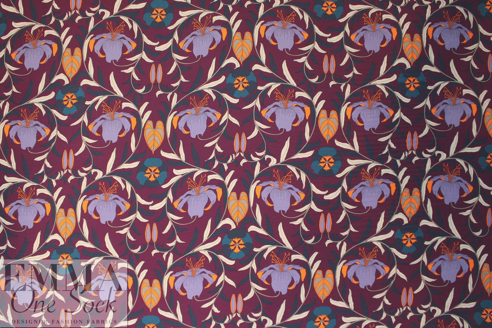 Italian warm gray/orange/navy floral print 4-ply silk 1.875 yds