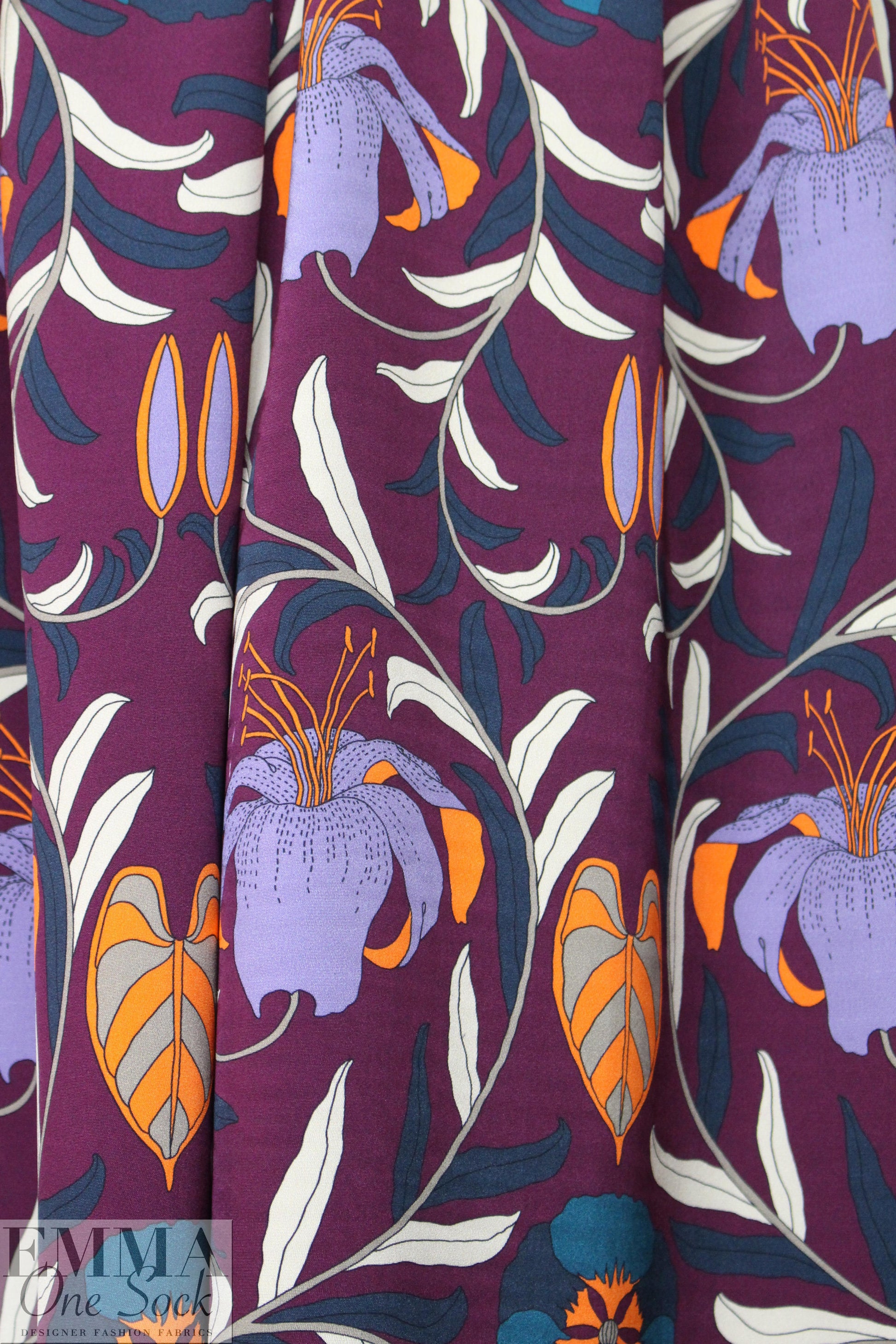 Italian warm gray/orange/navy floral print 4-ply silk 1.875 yds