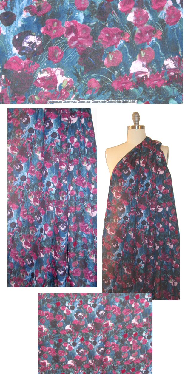 H@ute Hippie fuschia/teal floral silk chiffon .875 yds