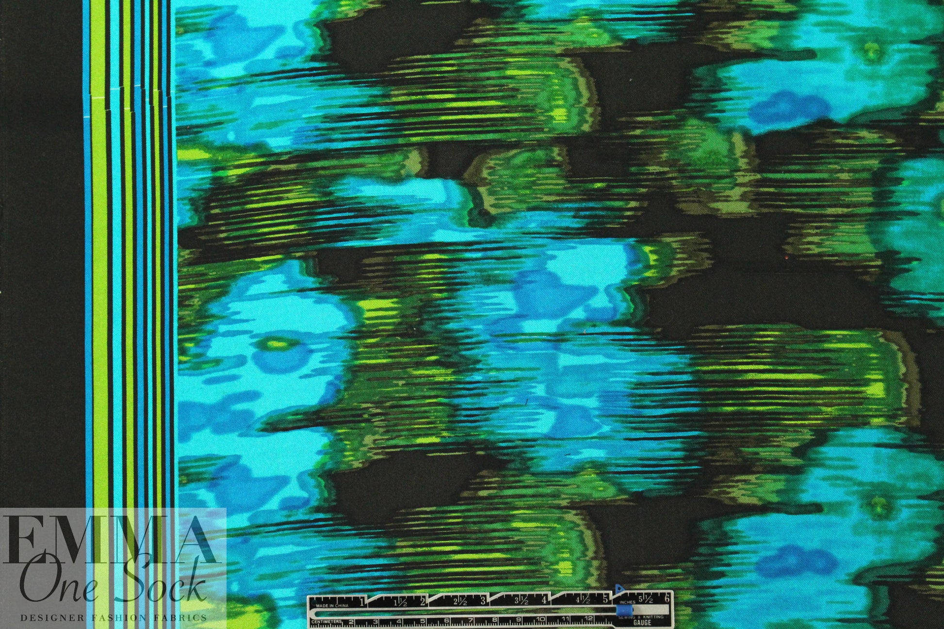 NY designer turq/lime border print silk twill
