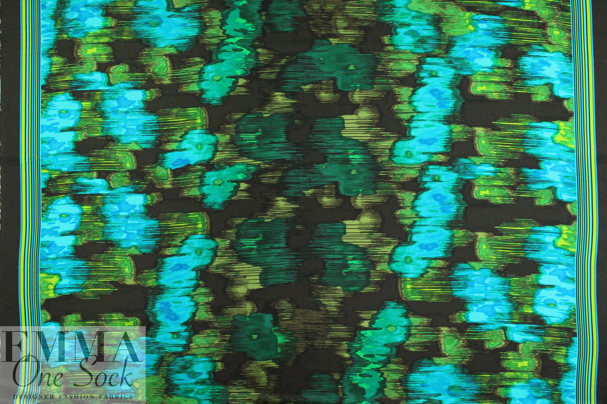 NY designer turq/lime border print silk twill