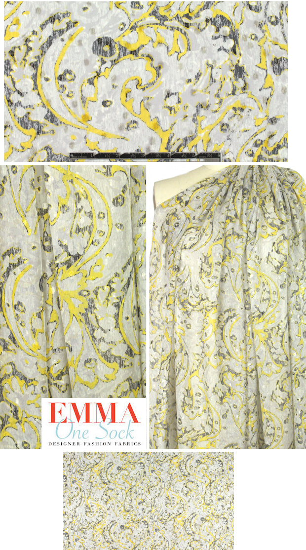 Italian yellow/black w/ gold metallic sheer silk jacquard