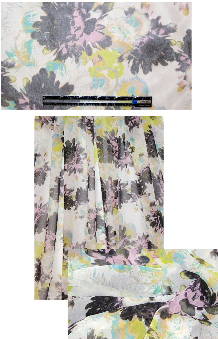 Italian yellow-green/lilac floral stretch silk chiffon 1.5 yds