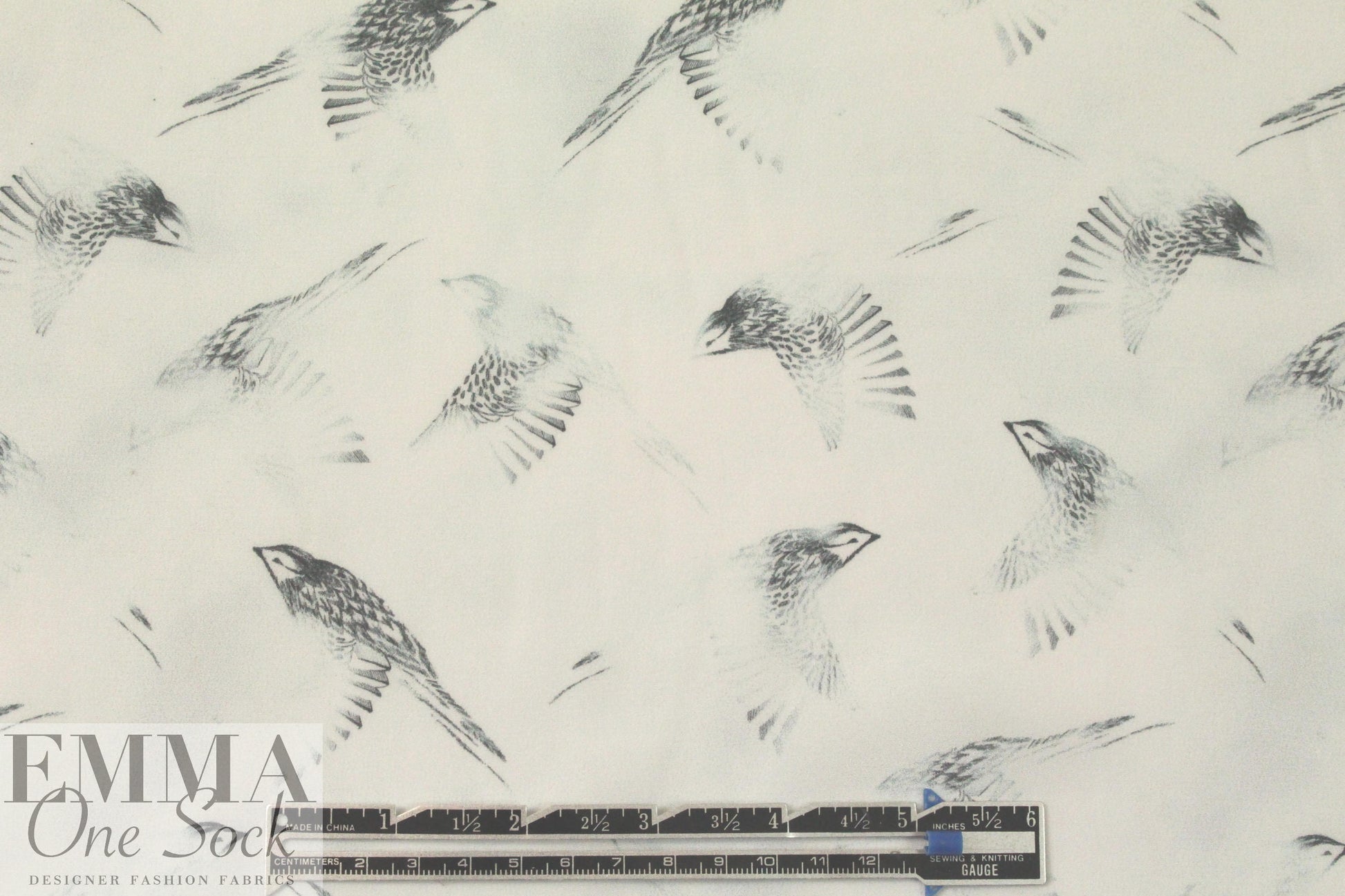 Rebecca Tayl0r bird sketch stretch silk chiffon - pearl 1.125 yds