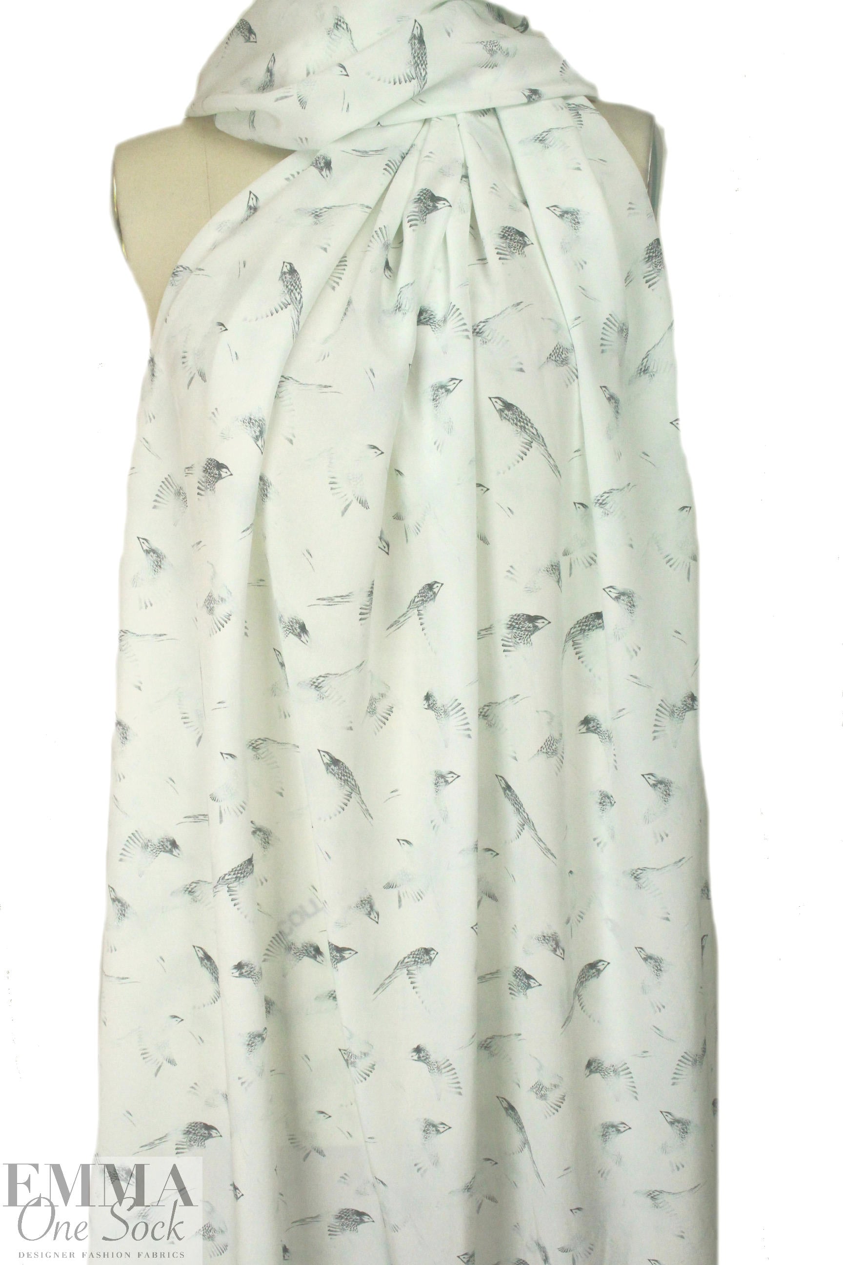 Rebecca Tayl0r bird sketch stretch silk chiffon - pearl