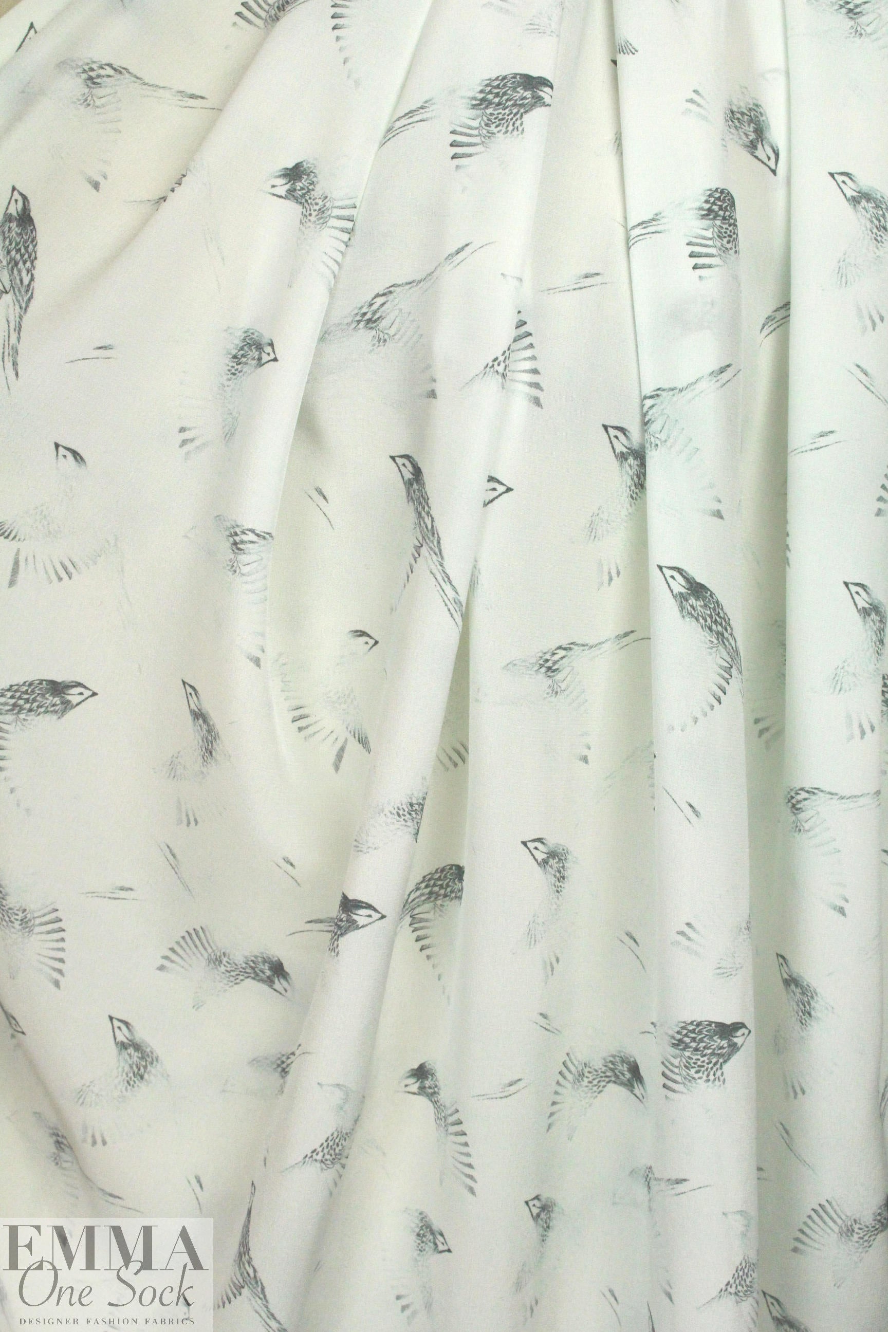 Rebecca Tayl0r bird sketch stretch silk chiffon - pearl 1.75 yd