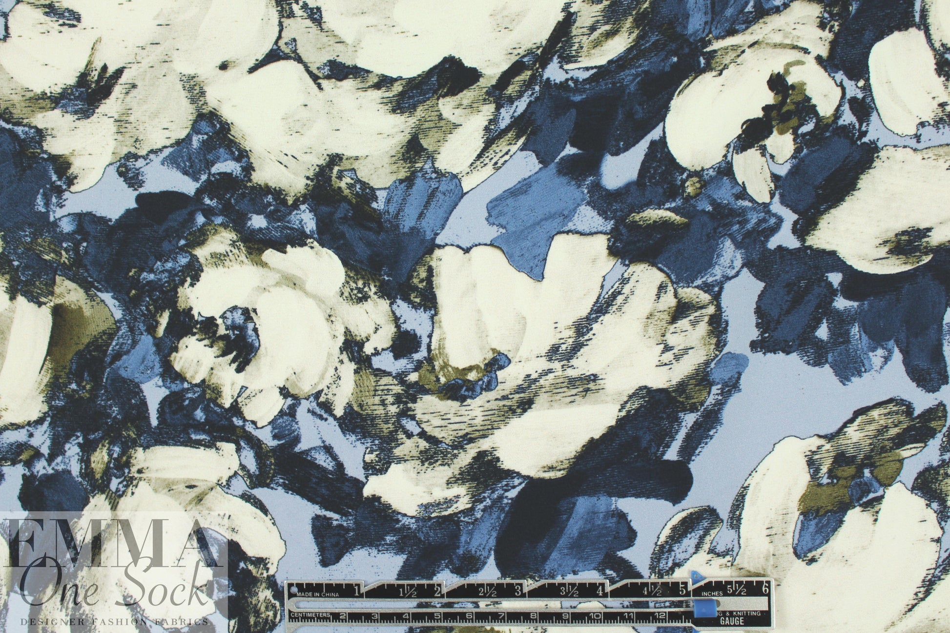 NY designer painterly blues floral silk charmeuse