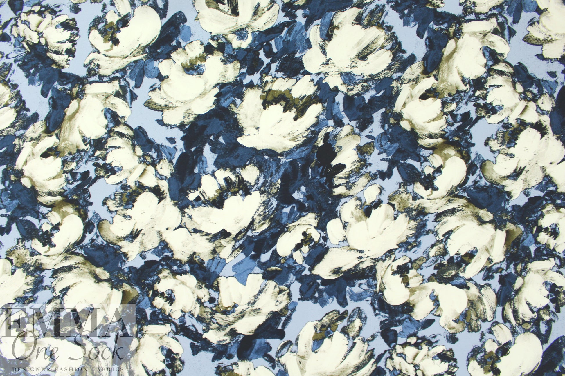 NY designer painterly blues floral silk charmeuse