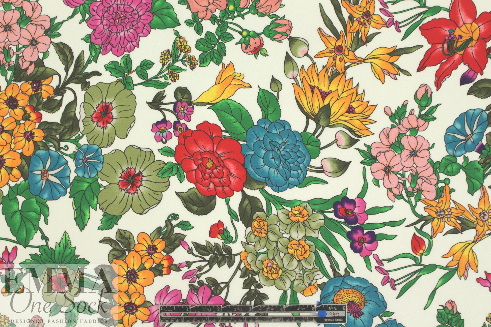 NY designer vivid garden delights on white silk crepe