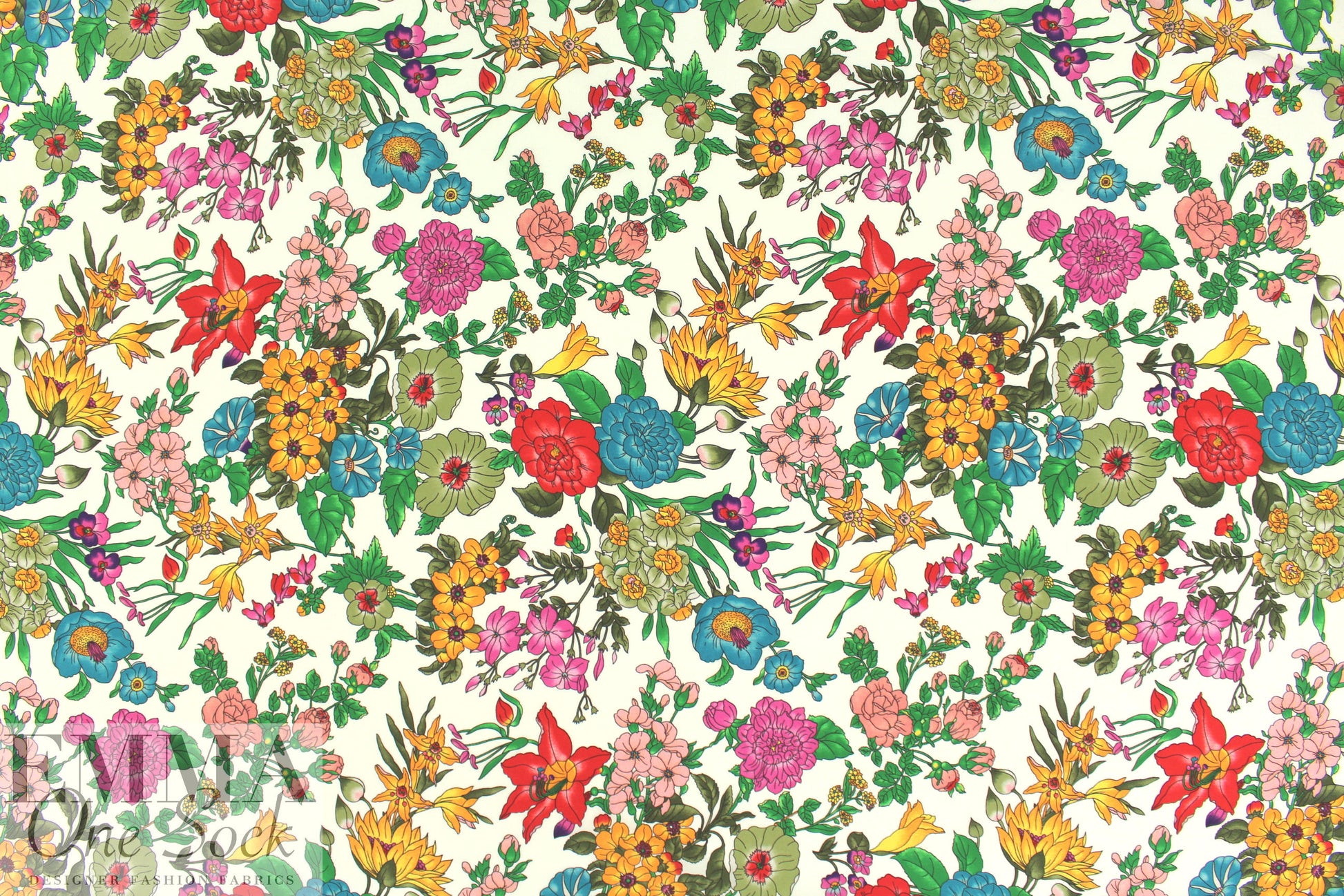 NY designer vivid garden delights on white silk crepe