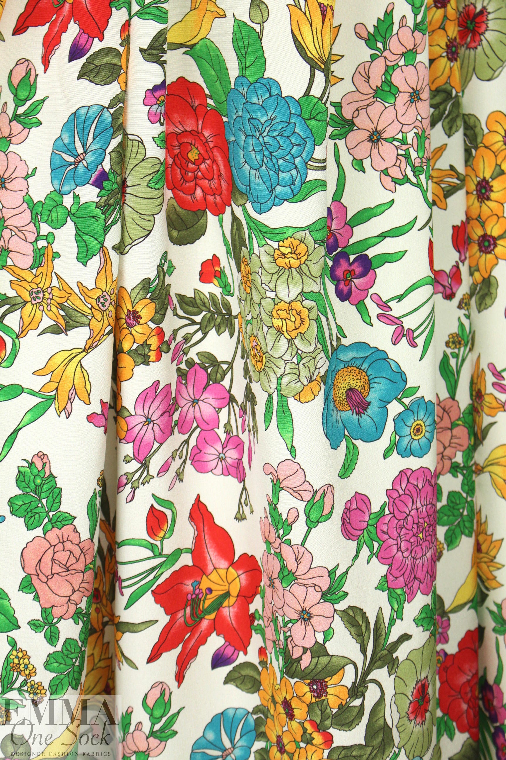 NY designer vivid garden delights on white silk crepe 1.625 yds