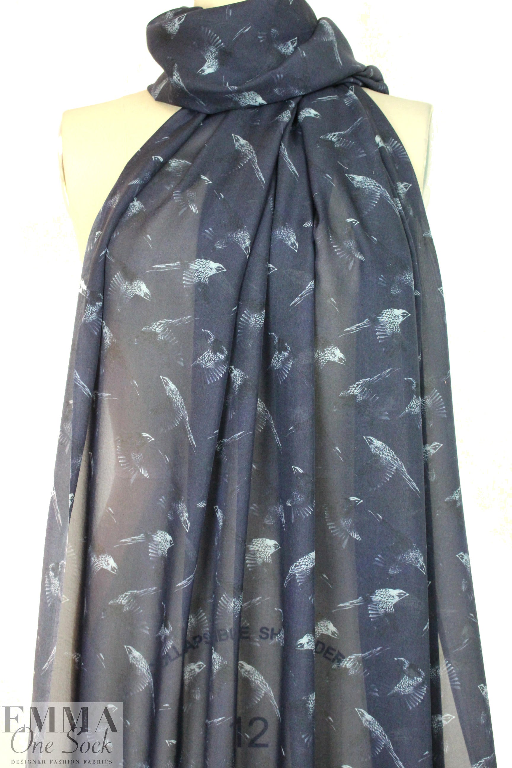 Rebecca Tayl0r bird sketch stretch silk chiffon - navy