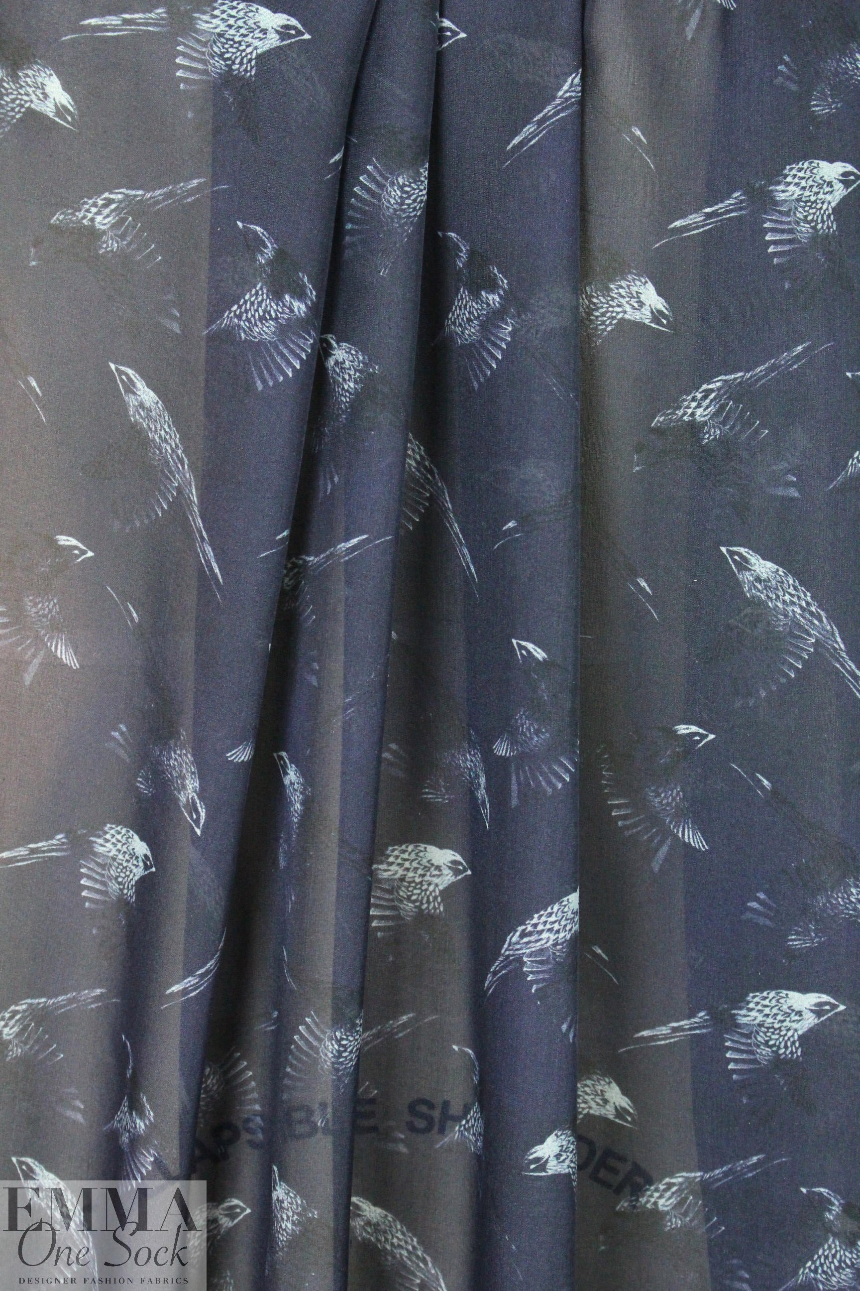 Rebecca Tayl0r bird sketch stretch silk chiffon - navy